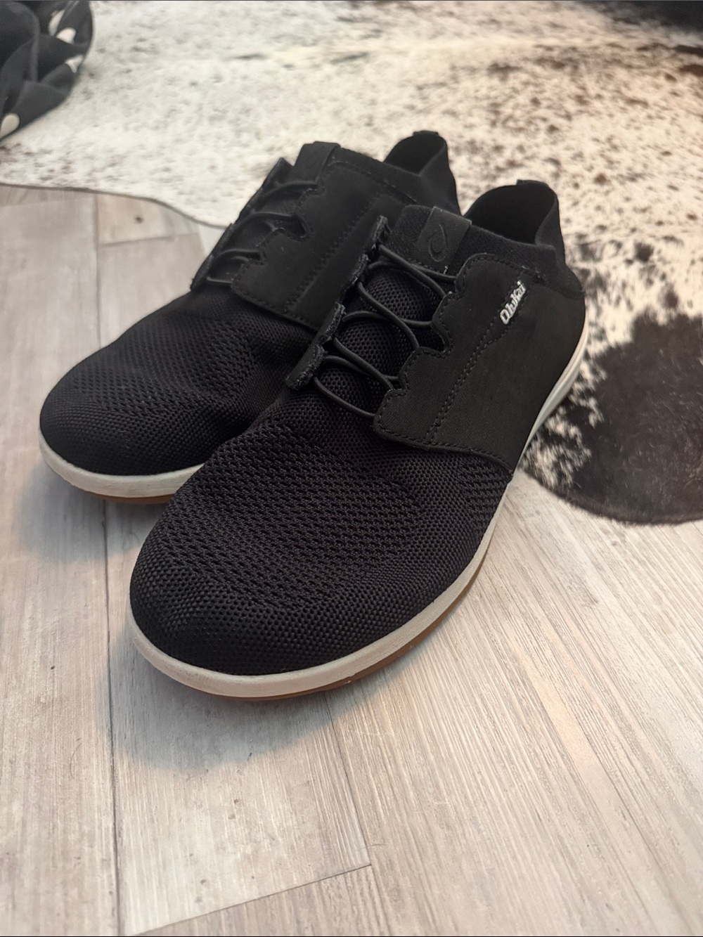 OluKai Men's Black Knit Lace-Up Sneakers with White Trim